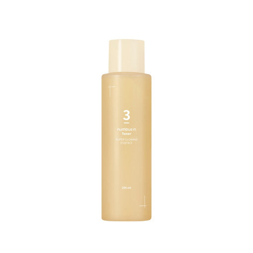 ProtoClinical k-beauty numbuzin No.3 Super Glowing Essence Toner 200ml shown as a single upright beige essence toner bottle centered on a light cream background