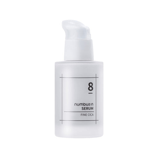 ProtoClinical k-beauty numbuzin No.8 Fine Cica Serum 50ml single upright blue-gray serum bottle centered on a soft white background.