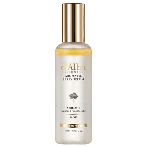 ProtoClinical k-beauty d'Alba White Truffle First Aromatic Spray Serum 120ml single upright beige spray bottle centered on a white background with soft lavender side shading.
