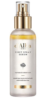 ProtoClinical k-beauty d'Alba White Truffle VEGAN First Spray Serum 100ml single upright beige spray bottle centered on a light background with pale aqua side accents.