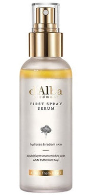 ProtoClinical k-beauty d'Alba White Truffle VEGAN First Spray Serum 100ml single upright beige spray bottle centered on a light background with pale aqua side accents.