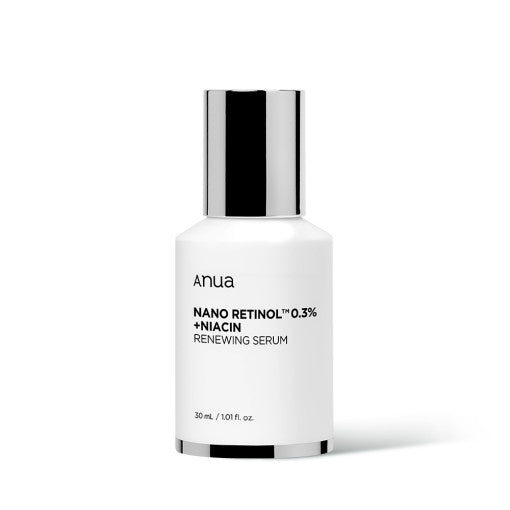 ProtoClinical k-beauty Anua Nano Retinol 0.3% + Niacin Renewing Serum 30ml single upright gray serum bottle centered on a white background with pale blue side shading
