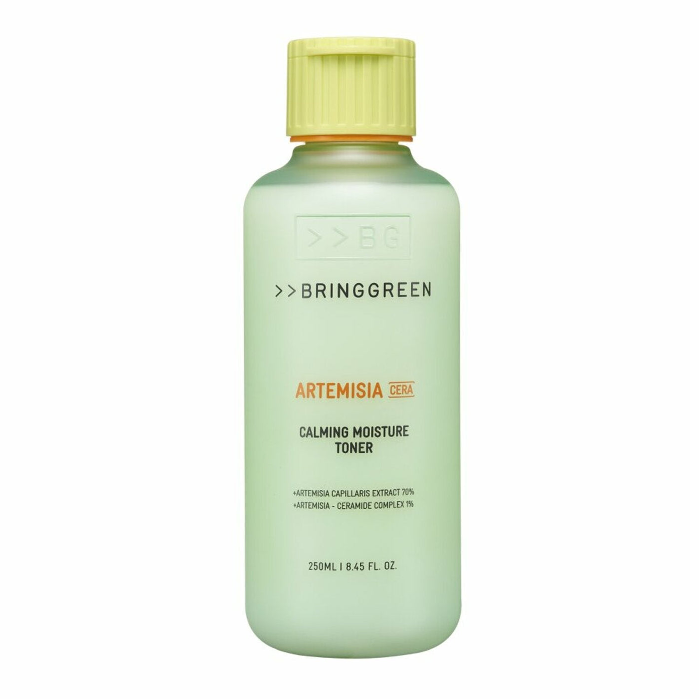 ProtoClinical k-beauty BRINGGREEN Artemisia Cera Calming Moisture Toner 250ml upright olive toner bottle silhouette centered on a light background with soft lavender side accents.