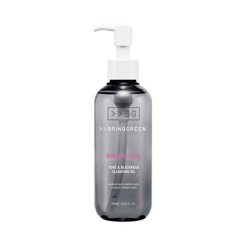 ProtoClinical k-beauty BRINGGREEN Bamboo Charcoal Pore & Blackhead Cleansing Oil 200ml single upright cleansing oil bottle centered on a light background.