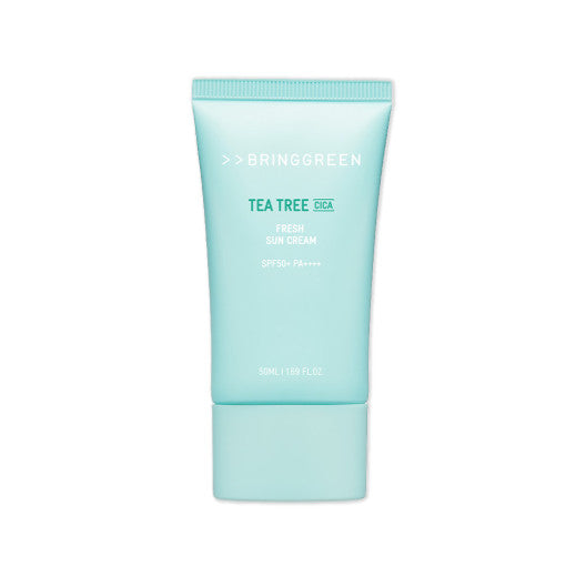 ProtoClinical k-beauty BRINGGREEN Tea Tree Cica Fresh Sun Cream SPF50+ PA++++ 50ml single upright sunscreen tube centered on a light background.