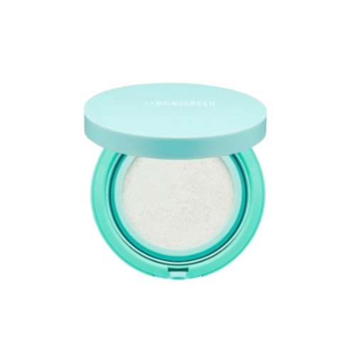 ProtoClinical k-beauty BRINGGREEN Tea Tree Cica Tone Up Sun Cushion SPF50+ PA++++ 15g single mint-green compact case centered on a white background