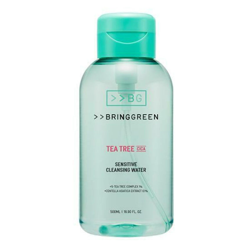 ProtoClinical k-beauty BRINGGREEN Tea Tree Cica Sensitive Cleansing Water 500ml single upright cleansing water bottle centered on a light background.