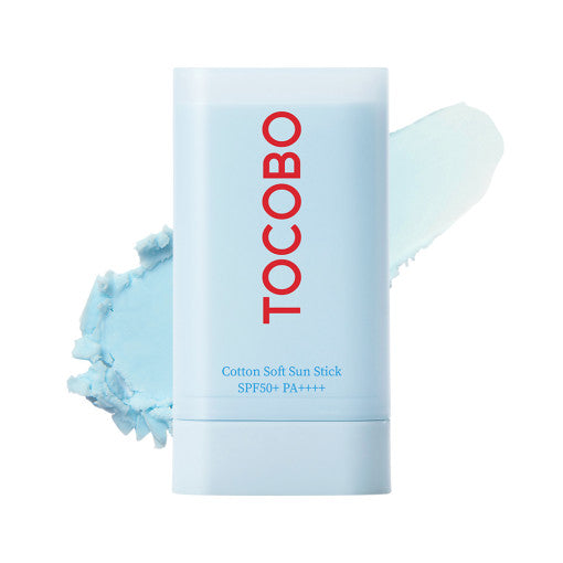 ProtoClinical k-beauty TOCOBO Cotton Soft Sun Stick 19g SPF50 PA++++ in a single upright light blue sun stick package centered on a white and pale peach background