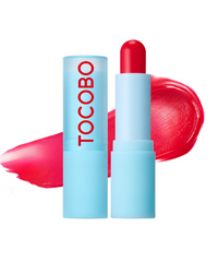 ProtoClinical k-beauty TOCOBO Glass Tinted lip Balm 3.5g #011 Flush Cherry single blue lip balm tube standing vertically on a pale background with pink side accents