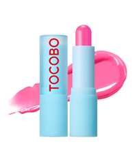 ProtoClinical k-beauty TOCOBO Glass Tinted Lip Balm 3.5g #012 Better Pink single blue lip balm tube standing vertically on a pale background with pink side accents