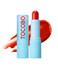 ProtoClinical k-beauty TOCOBO Glass Tinted Lip Balm 3.5g #013 Tangerine Red single blue lip balm tube standing vertically on a pale background with pink side accents