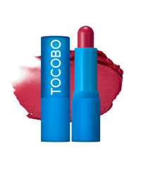 ProtoClinical k-beauty TOCOBO Powder Cream Lip Balm 3.5g #031 Rose Burn single blue lip balm tube standing vertically on a pale background with pink side accents
