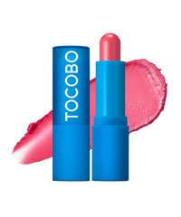 ProtoClinical k-beauty TOCOBO Powder Cream Lip Balm 3.5g #032 Rose Petal single blue lip balm tube standing vertically on a pale background with pink side accents