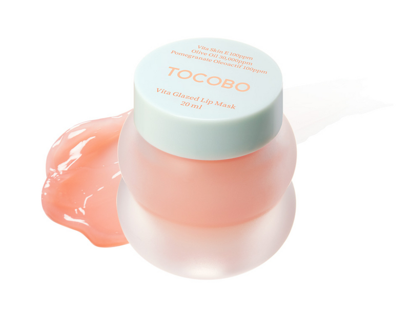 ProtoClinical k-beauty TOCOBO Vita Glazed Lip Mask 20ml two pink lip mask containers side by side on a pale aqua background