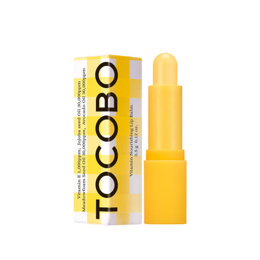 ProtoClinical k-beauty TOCOBO Vitamin Nourishing Lip Balm 3.5g single yellow lip balm tube standing vertically on a pale background