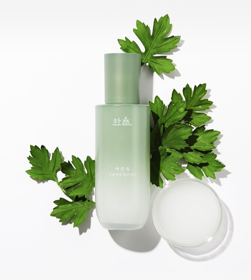 ProtoClinical k-beauty HANYUL Pure Artemisia Calming Balancing Set with multiple green skincare bottles and matching boxes arranged on a muted green background