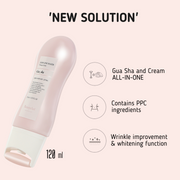 ProtoClinical k-beauty BeaumAnt Body Line Gua Sha Maker 150ml infographic with an angled pale pink bottle, three feature icons, and bold 'New Solution' text on a blush background