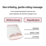 ProtoClinical k-beauty BeaumAnt Body Line Gua Sha Maker 150ml infographic with a close-up roller applicator, pink hashtag labels, and gentle rolling massage text on a white background