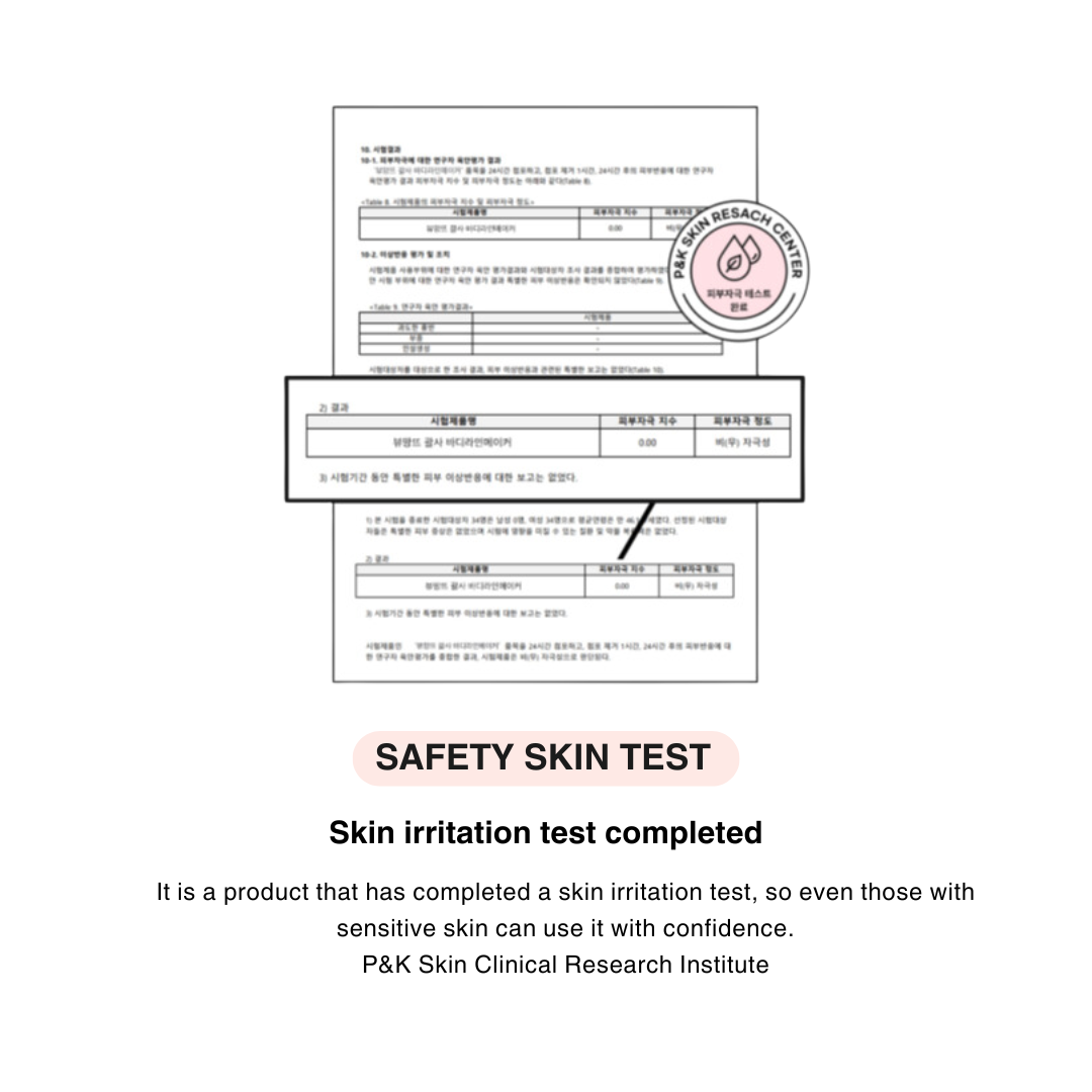 ProtoClinical k-beauty BeaumAnt Body Line Gua Sha Maker 150ml safety test infographic with Korean document boxes, a pink seal icon, and bold 'Safety Skin Test' text on a white background