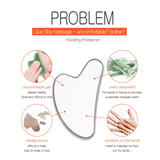 ProtoClinical k-beauty BeaumAnt Face & Body Liner Gua Sha Massage Cream 120ml infographic with a white gua sha tool outline centered on a pale background and four circular problem callouts around it