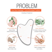 ProtoClinical k-beauty BeaumAnt Face & Body Liner Gua Sha Massage Cream 120ml infographic with a white gua sha tool outline centered on a pale background and four circular problem callouts around it