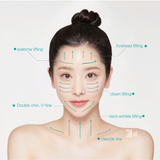 ProtoClinical k-beauty BeaumAnt Face & Body Liner Gua Sha Massage Cream 120ml model portrait with teal lifting arrows across the forehead, cheeks, jawline, and neck on a white background