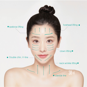 ProtoClinical k-beauty BeaumAnt Face & Body Liner Gua Sha Massage Cream 120ml model portrait with teal lifting arrows across the forehead, cheeks, jawline, and neck on a white background