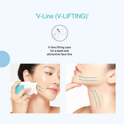 ProtoClinical k-beauty BeaumAnt Face & Body Liner Gua Sha Massage Cream 120ml V-line care graphic with two side-by-side model photos using the white applicator and teal directional arrows on a pale blue background
