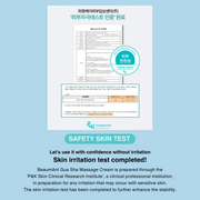ProtoClinical k-beauty BeaumAnt Face & Body Liner Gua Sha Massage Cream 120ml skin test infographic with a certificate document, a teal safety seal, and explanatory text on a pale blue background