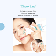 ProtoClinical k-beauty BeaumAnt Face & Body Liner Gua Sha Massage Cream 120ml cheek line guide with a model using the white applicator on her cheek and a circular inset photo on a pale blue background