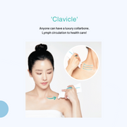 ProtoClinical k-beauty BeaumAnt Face & Body Liner Gua Sha Massage Cream 120ml clavicle care guide with a model using the white applicator at her shoulder and a circular collarbone inset on a pale blue background