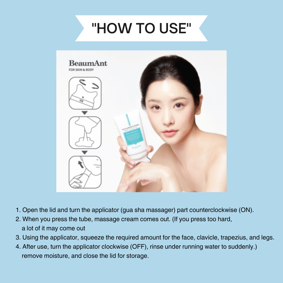 ProtoClinical k-beauty BeaumAnt Face & Body Liner Gua Sha Massage Cream 120ml how-to graphic with a model holding the white tube and illustrated application steps on a pale blue background