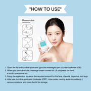 ProtoClinical k-beauty BeaumAnt Face & Body Liner Gua Sha Massage Cream 120ml how-to graphic with a model holding the white tube and illustrated application steps on a pale blue background