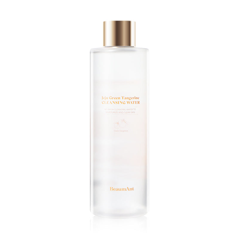 ProtoClinical k-beauty BeaumAnt Jeju Green Tangerine Cleansing Water 500ml single upright pale green cleansing water bottle centered on a light background.