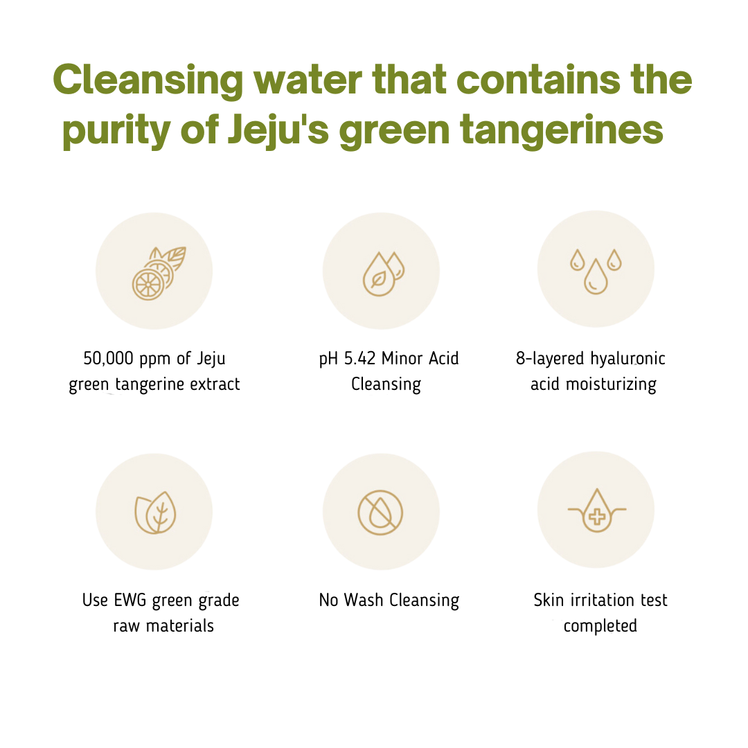 ProtoClinical k-beauty BeaumAnt Jeju Green Tangerine Cleansing Water 500ml multiple pale green cleansing water bottles arranged in a grid on a white background with soft lavender accents.