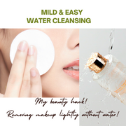 ProtoClinical k-beauty BeaumAnt Jeju Green Tangerine Cleansing Water 500ml multiple pale green cleansing water bottles side by side on a light background with soft peach and gray-blue tones.