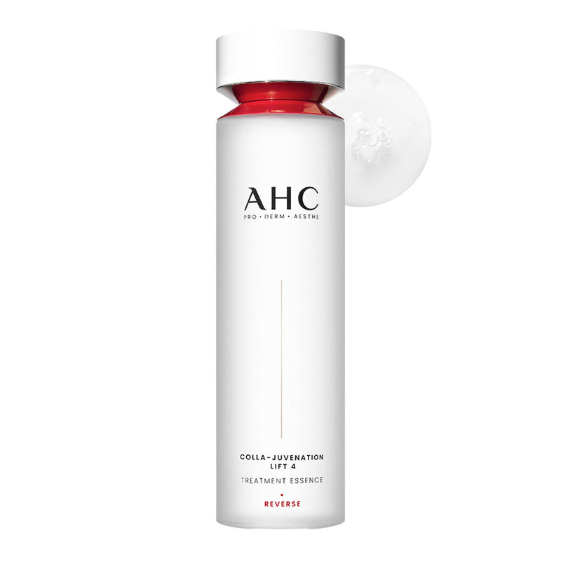 AHC Colla-Juvenation Lift 4 Treatment Essence 130ml by ProtoClinical displayed in front-facing skincare packaging on a white background for a k-beauty routine.