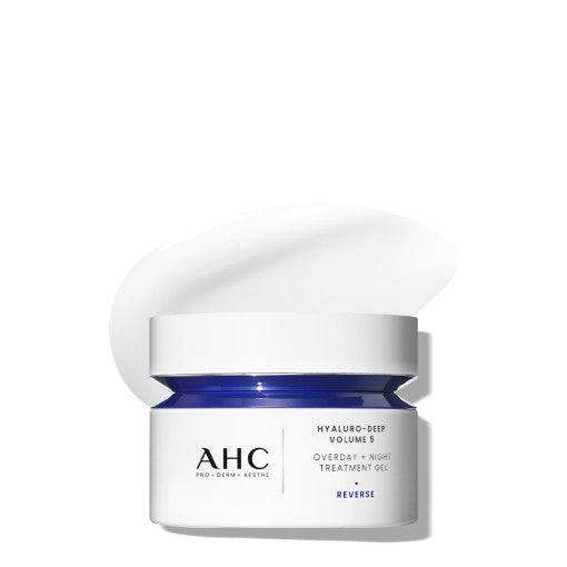 AHC Hyaluro Deep Volume 5 Overday+Night Treatment Gel 50ml by ProtoClinical displayed in front-facing skincare packaging on a white background for a k-beauty routine.