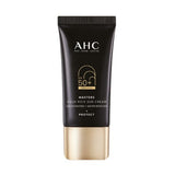 ProtoClinical k-beauty AHC Masters Aqua Rich Sun Cream SPF50+PA++++ 30ml single sun cream package centered on a light background with dark gray side shadows.