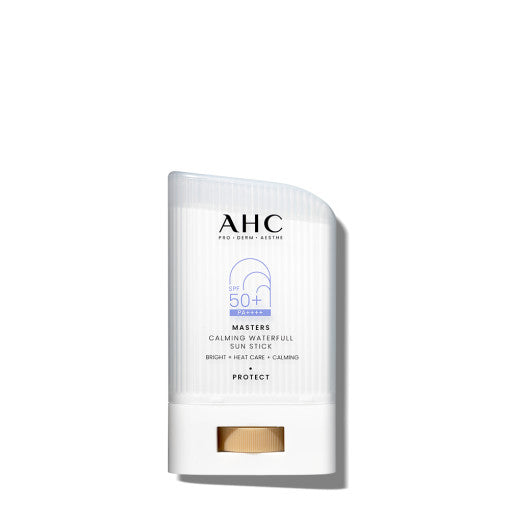 ProtoClinical k-beauty AHC Masters Calming Waterfull Sun Stick 22g (SPF50+/PA++++) single gray sun stick package centered on a white background with soft gray side shadows.
