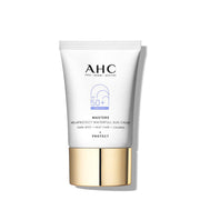 ProtoClinical k-beauty AHC Masters Melaprotect Waterfull Sun Cream 40ml (SPF50+/PA++++) single sun cream package centered on a light background with soft gray side shadows and a pale yellow lower edge.