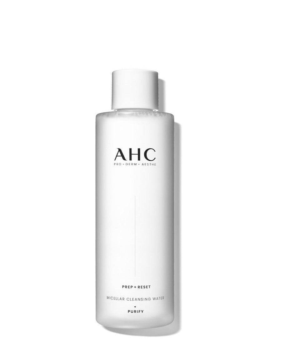 ProtoClinical k-beauty AHC Prep+Reset Micellar Cleansing Water 255ml in a single tall pale pink bottle centered on a white background.