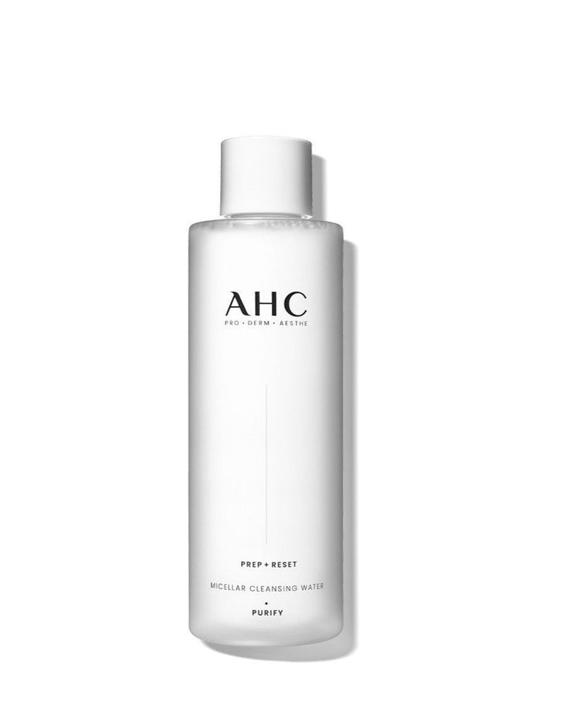 ProtoClinical k-beauty AHC Prep+Reset Micellar Cleansing Water 255ml in a single tall pale pink bottle centered on a white background.