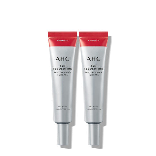 ProtoClinical k-beauty AHC Ten Revolution Real Eye Cream For Face 35ml+35ml single upright burgundy eye cream tube centered on a white background
