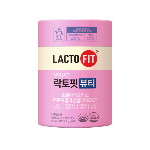 ProtoClinical k-beauty LACTO-FIT Probiotics Beauty 120g(60 Sticks) pink cylindrical probiotic container with a cream label standing upright on a clean white background