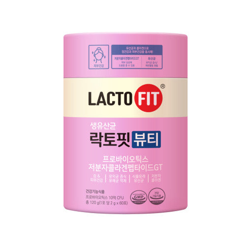 ProtoClinical k-beauty LACTO-FIT Probiotics Beauty 120g(60 Sticks) pink cylindrical probiotic container with a cream label standing upright on a clean white background