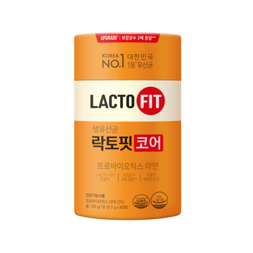 ProtoClinical k-beauty LACTO-FIT Probiotics Core 120g(60 Sticks) as a single upright orange probiotic container centered on a clean white background with pale blue side accents