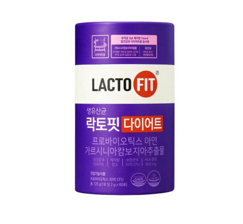 ProtoClinical k-beauty LACTO-FIT Probiotics Diet 120g(60 Sticks) as a single upright purple probiotic container centered on a clean white background with soft green side accents