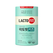 ProtoClinical k-beauty LACTO-FIT Probiotics Kids 120g(60 Sticks) as a single upright mint-green probiotic container centered on a clean white background with pale pink side accents