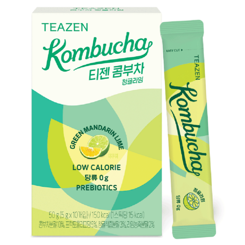 ProtoClinical k-beauty [TEAZEN] Kombucha Green Mandarin Lime (10 Sticks) kombucha stick box packshot with green citrus packaging on a light square background